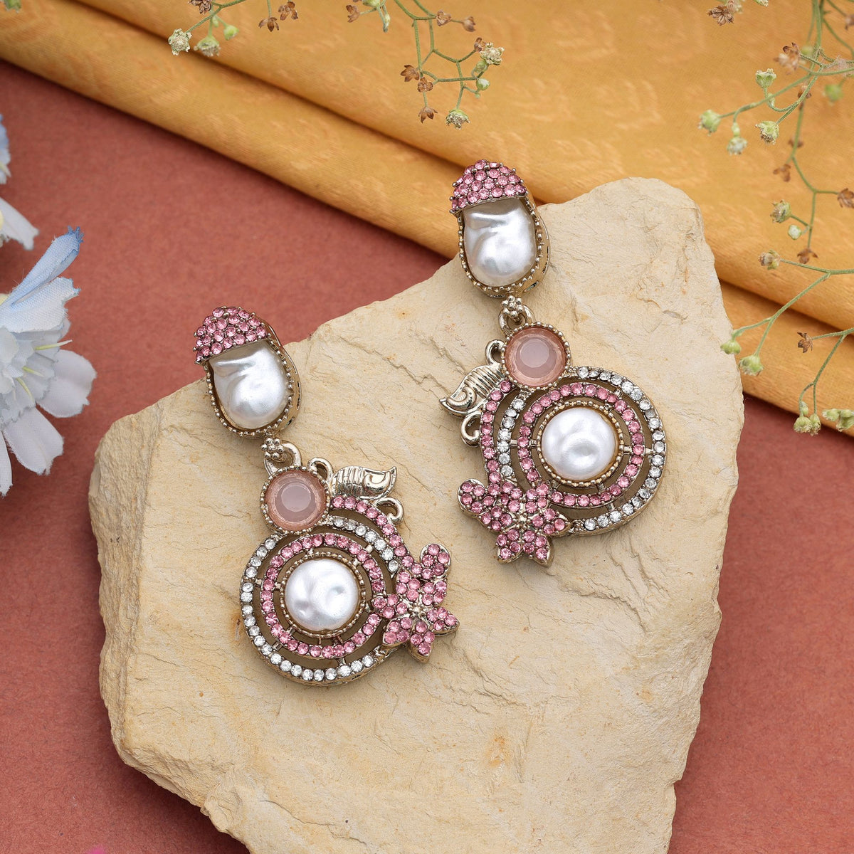 Light Pink Color Turkish Kundan Earrings With Stylish Bridal Jewellery Design For Women