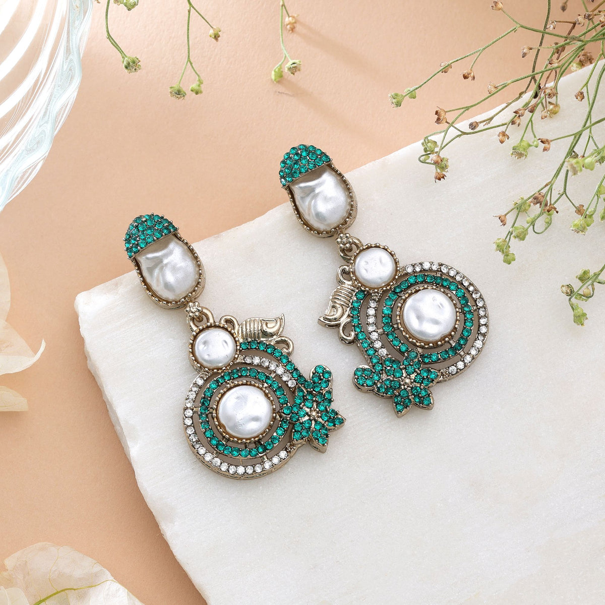 Pink & Green Color Turkish Kundan Earrings With Elegant Bridal Jewellery Design For Women
