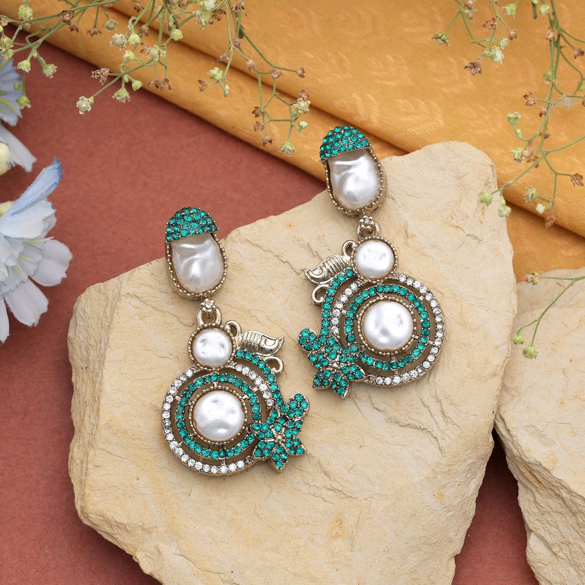 Pink & Green Color Turkish Kundan Earrings With Elegant Bridal Jewellery Design For Women