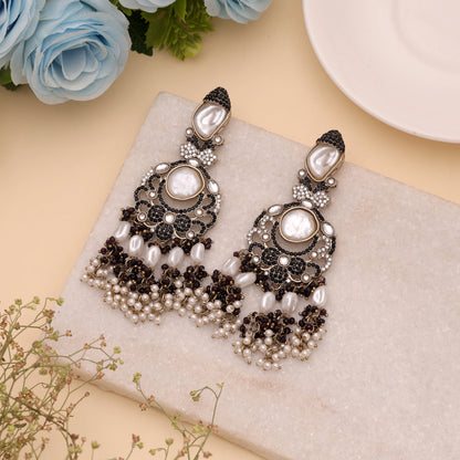 Raven Black Color Turkish Kundan Dangle Earrings For Fusion Fashion Wear