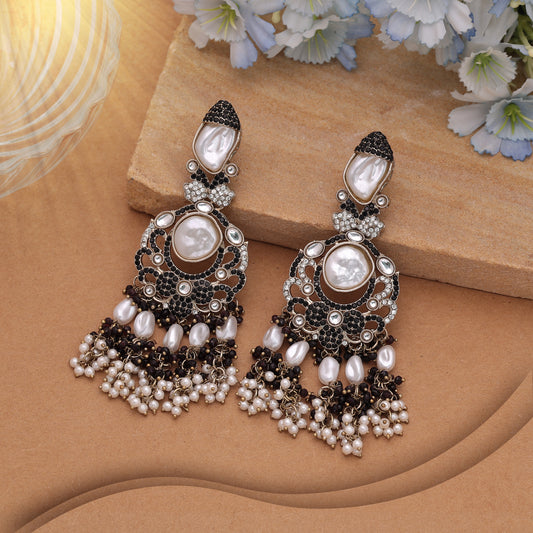 Raven Black Color Turkish Kundan Dangle Earrings For Fusion Fashion Wear