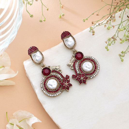 Ornate Royal Maroon Color Turkish Kundan Chandbali Earrings For Wedding Outfits