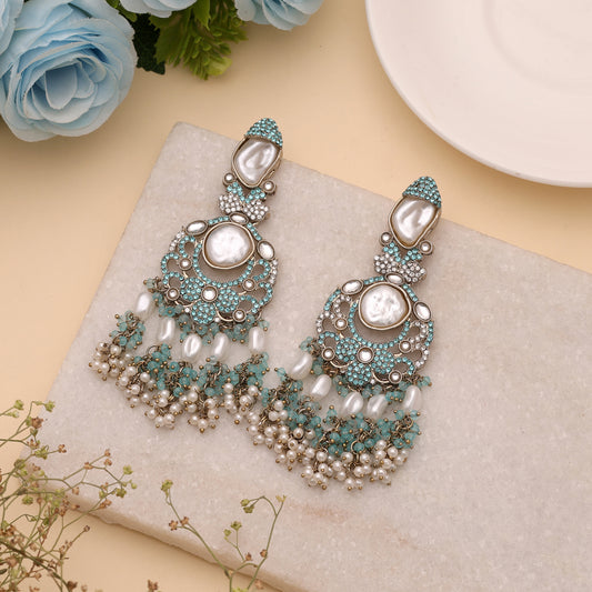 Ocean Rama Green Color Turkish Kundan Statement Earrings For Grand Events