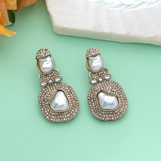 Shimmering Metallic Gold Color Turkish Kundan Drop Earrings For Traditional Functions