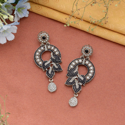 Sophisticated Charcoal Black Color Turkish Kundan Drop Earrings For Fashion Wear