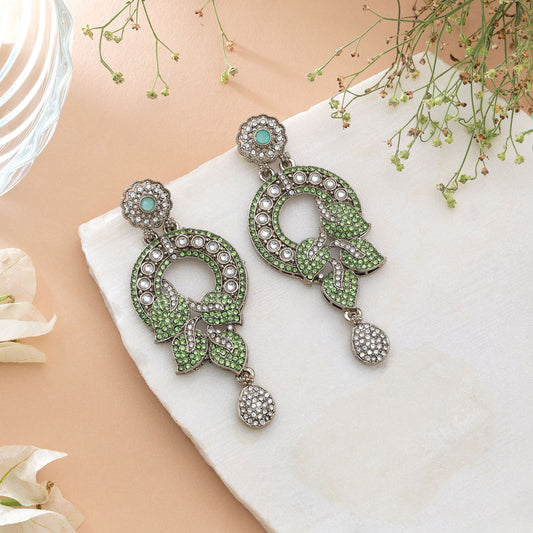 Soothing Pastel Light Green Color Turkish Kundan Earrings For Morning Ceremonies