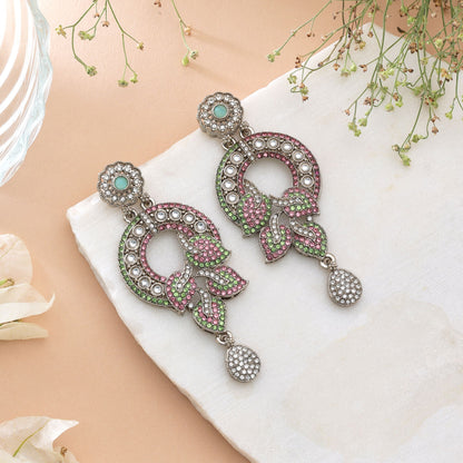 Light Pink & Light Green Color Turkish Kundan Earrings With Elegant Traditional Design For Women