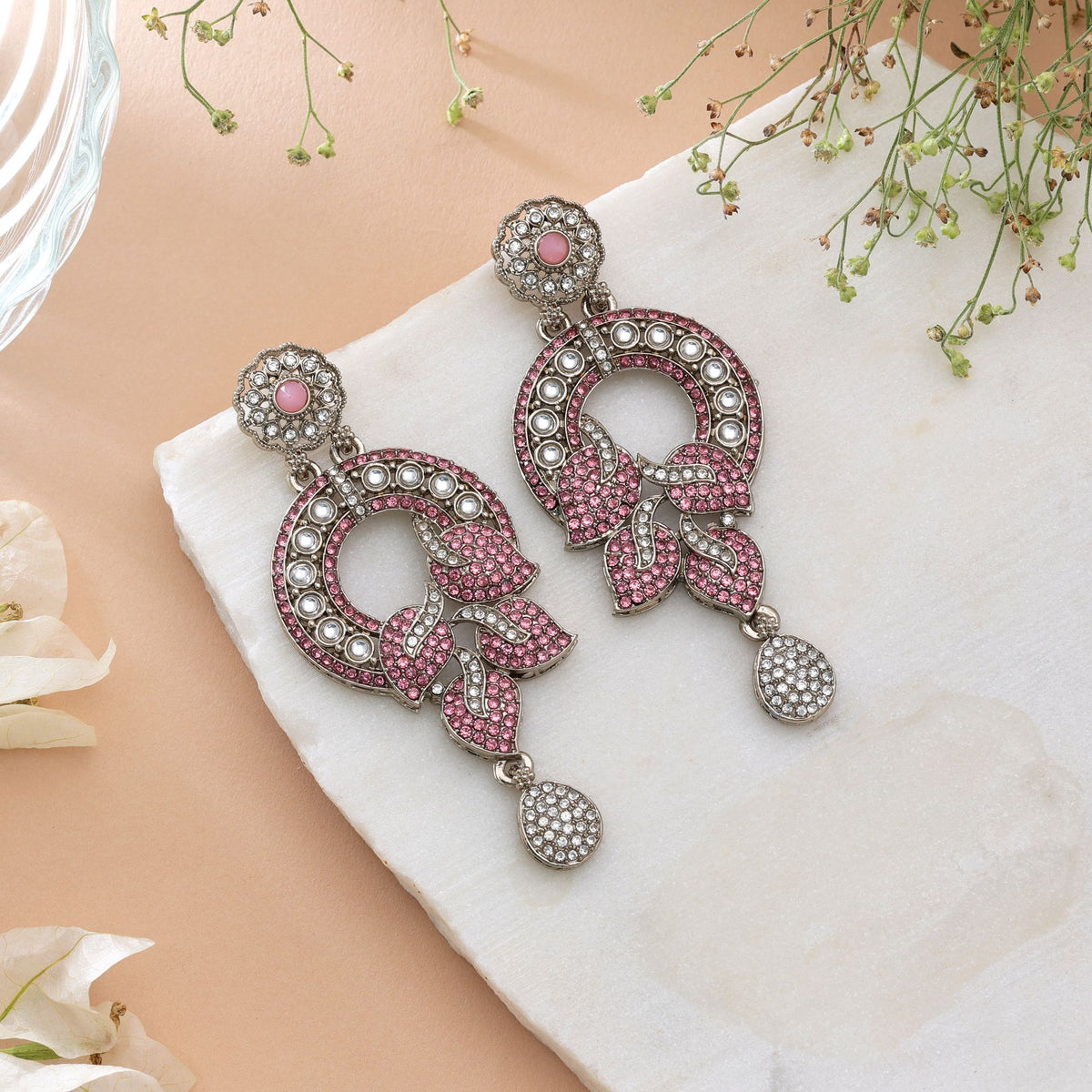 Light Pink Color Turkish Kundan Earrings With Stylish Traditional Jewellery Design For Women