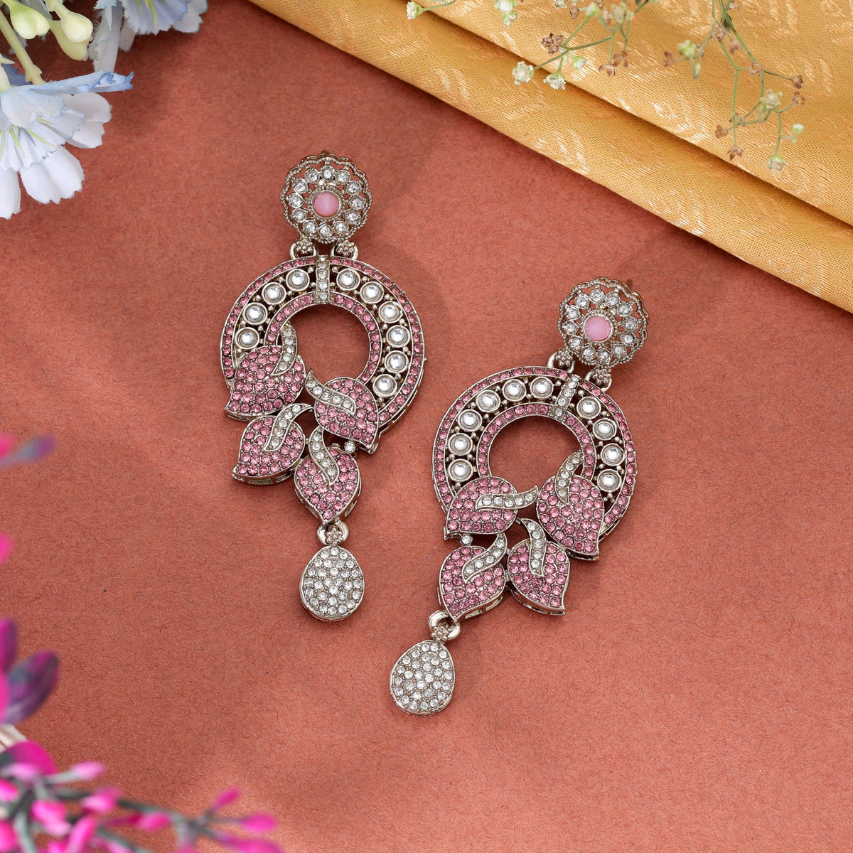 Light Pink Color Turkish Kundan Earrings With Stylish Traditional Jewellery Design For Women