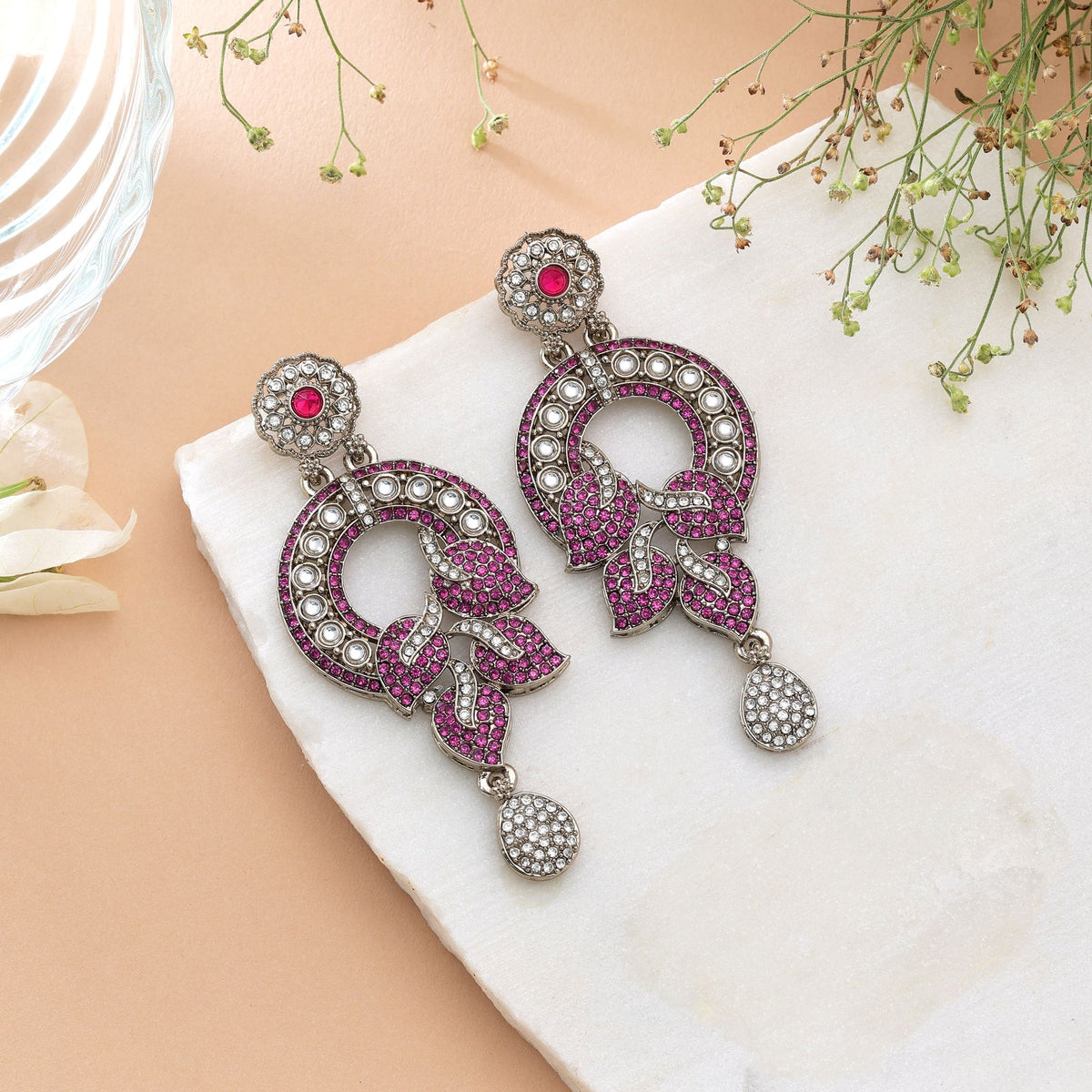 Light Pink Color Turkish Kundan Earrings With Elegant Traditional Jewellery Design For Women