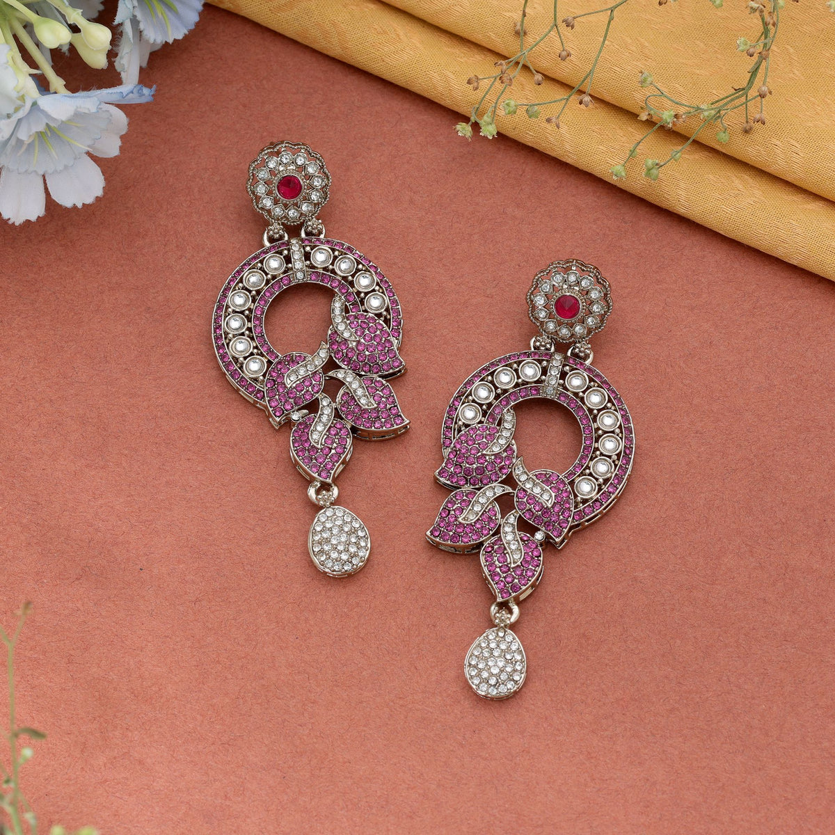 Light Pink Color Turkish Kundan Earrings With Elegant Traditional Jewellery Design For Women