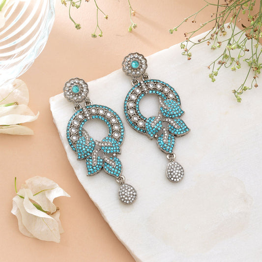 Vivid Deep Rama Green Color Turkish Kundan Drop Earrings For Parties