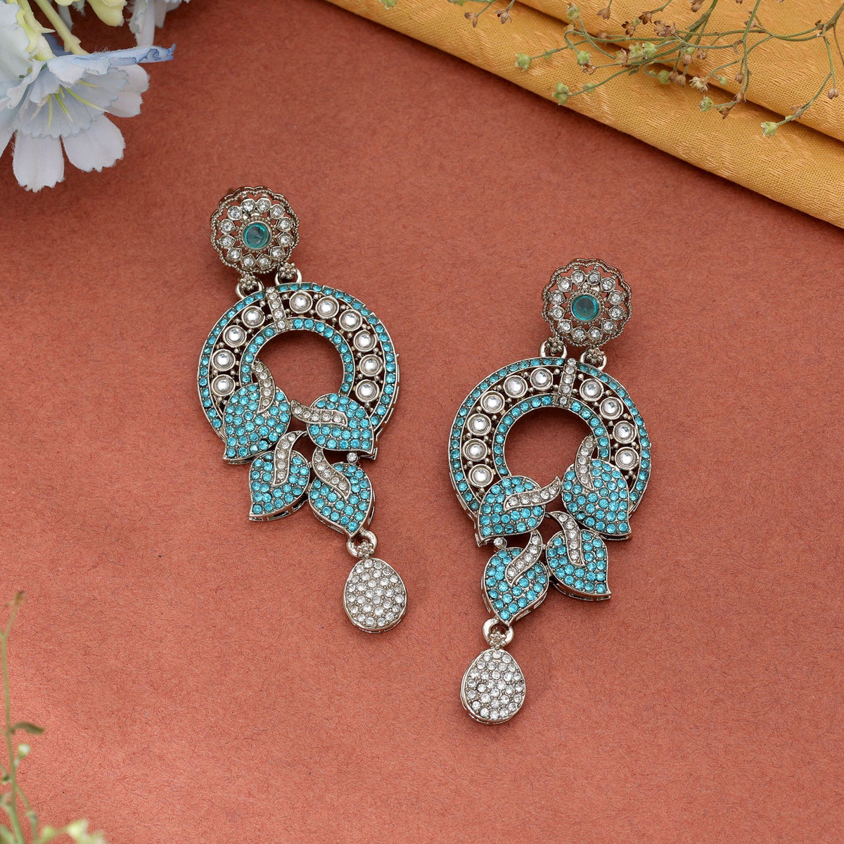 Rama Green Color Turkish Kundan Earrings With Stylish Bridal Jewellery Design For Women