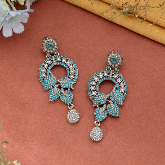 Vivid Deep Rama Green Color Turkish Kundan Drop Earrings For Parties