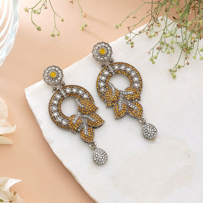 Yellow Color Turkish Kundan Earrings With Elegant Traditional Design For Women