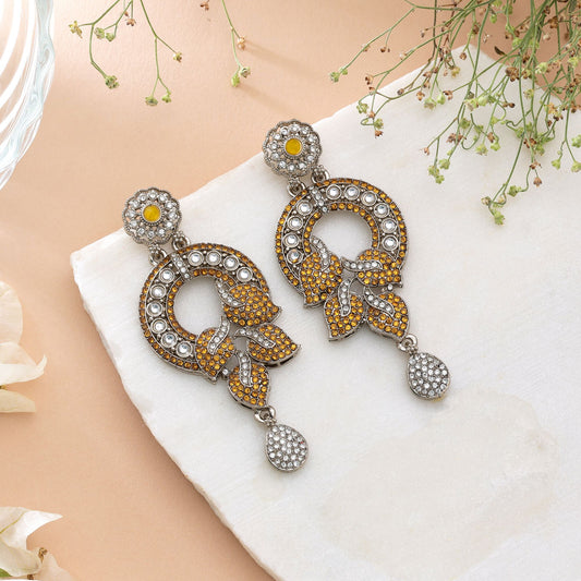 Lively Sunshine Yellow Color Turkish Kundan Earrings For Festival Celebration Outfits