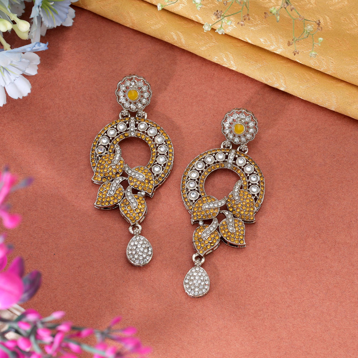 Yellow Color Turkish Kundan Earrings With Elegant Traditional Design For Women