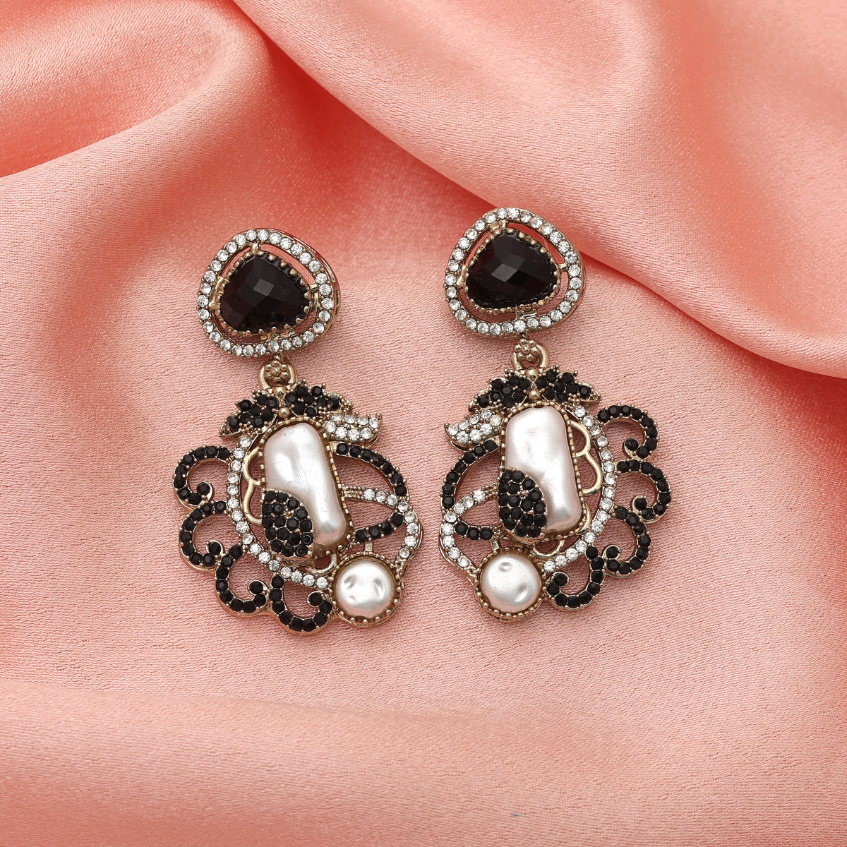 Dark Pitch Black Color Turkish Kundan Drop Earrings For Modern Fashion