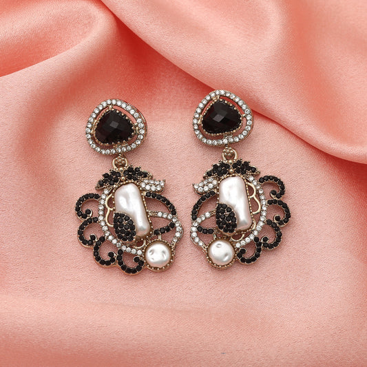 Dark Pitch Black Color Turkish Kundan Drop Earrings For Modern Fashion