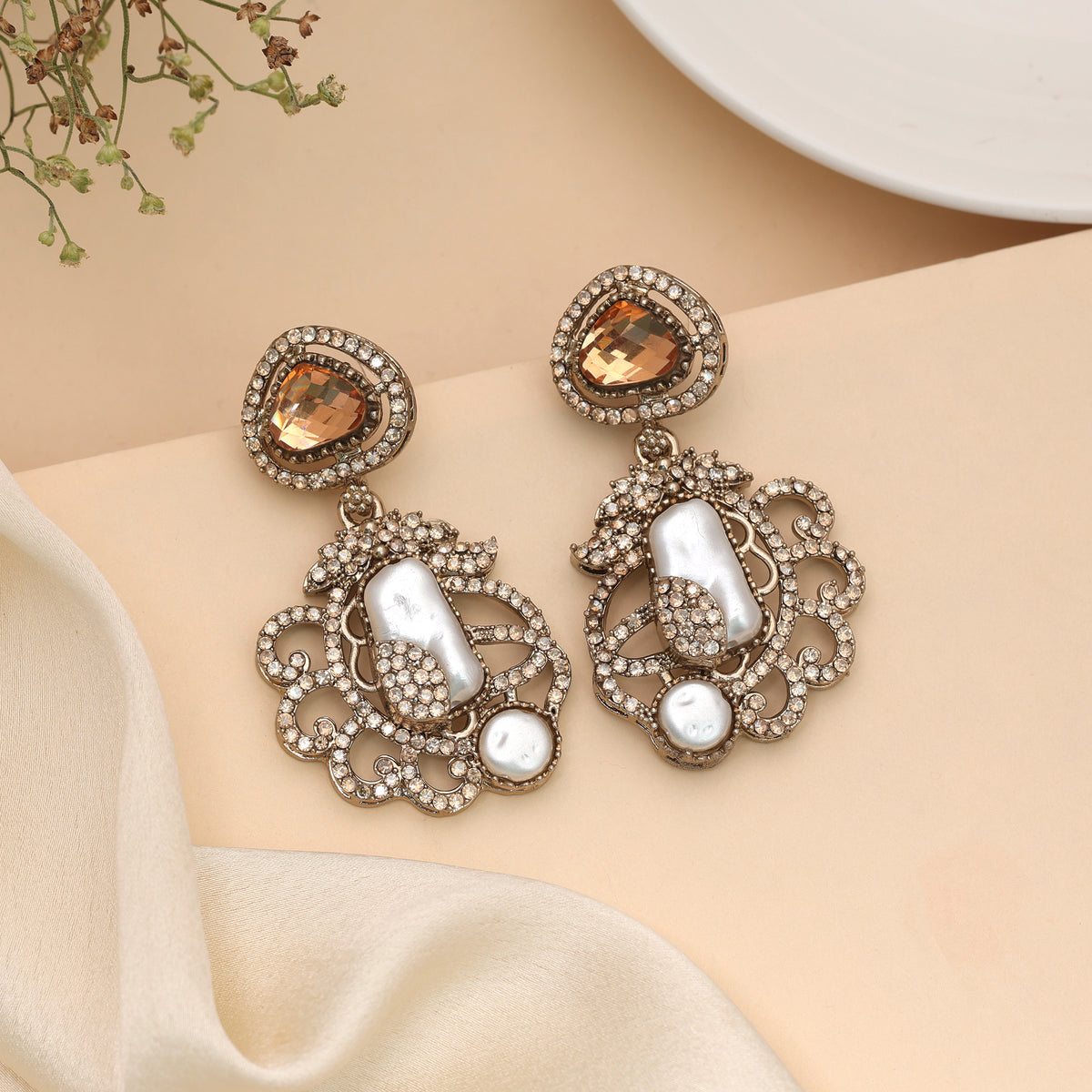 Opulent Antique Gold Color Turkish Kundan Drop Earrings For Bridal Wear