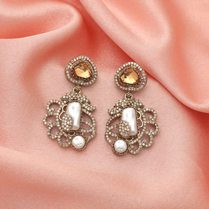 Opulent Antique Gold Color Turkish Kundan Drop Earrings For Bridal Wear