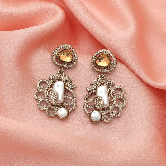 Opulent Antique Gold Color Turkish Kundan Drop Earrings For Bridal Wear