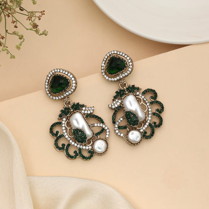 Deep Emerald Green Color Turkish Kundan Statement Earrings For Festive Events