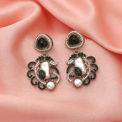 Deep Emerald Green Color Turkish Kundan Statement Earrings For Festive Events