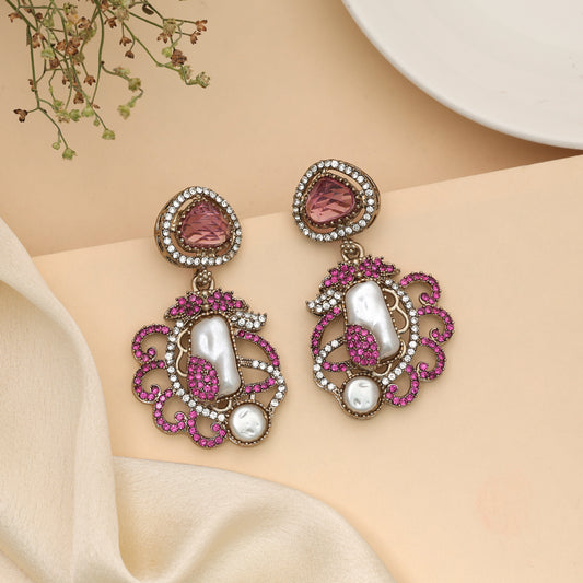 Pastel Powder Light Pink Color Turkish Kundan Statement Earrings For Outfits