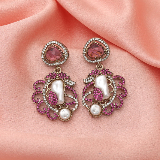 Pastel Powder Light Pink Color Turkish Kundan Statement Earrings For Outfits