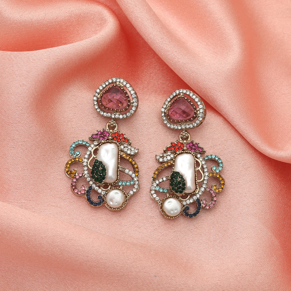 Vibrant Heritage Multi Color Turkish Kundan Earrings For Festival Celebration Looks