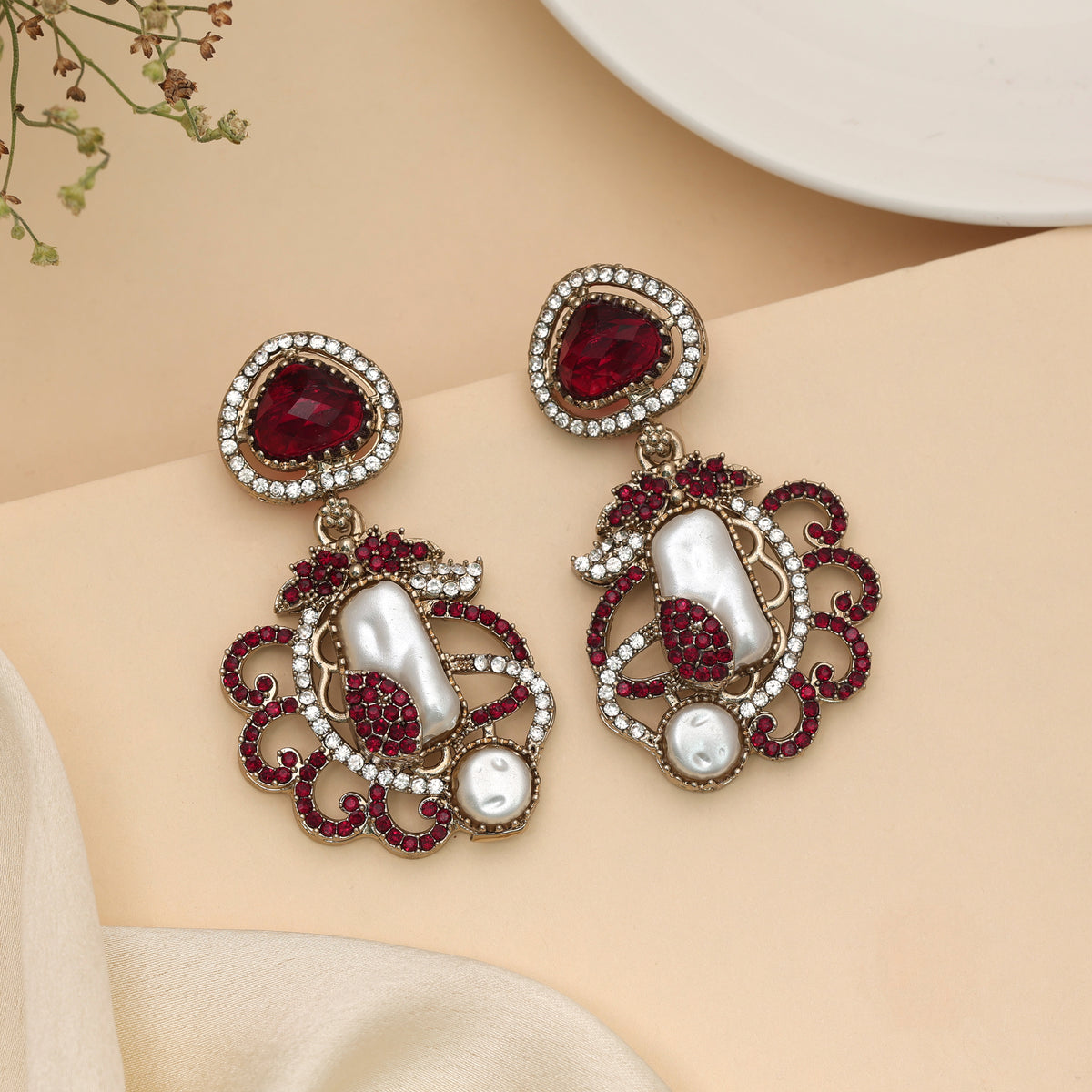 Grand Bridal Maroon Color Turkish Kundan Jhumka Earrings For Special Ceremonies