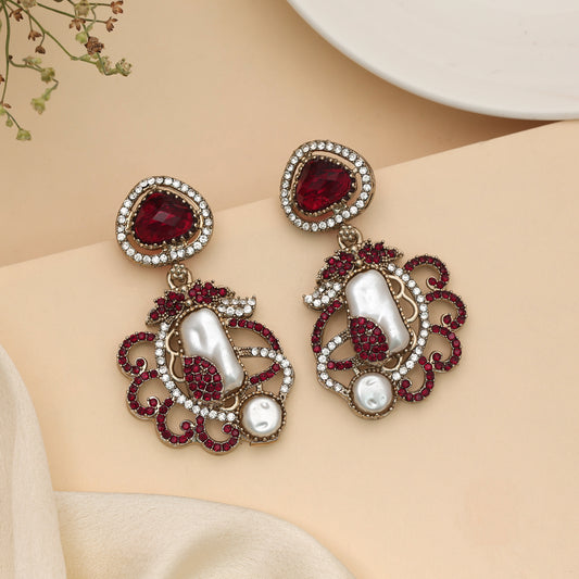 Grand Bridal Maroon Color Turkish Kundan Jhumka Earrings For Special Ceremonies