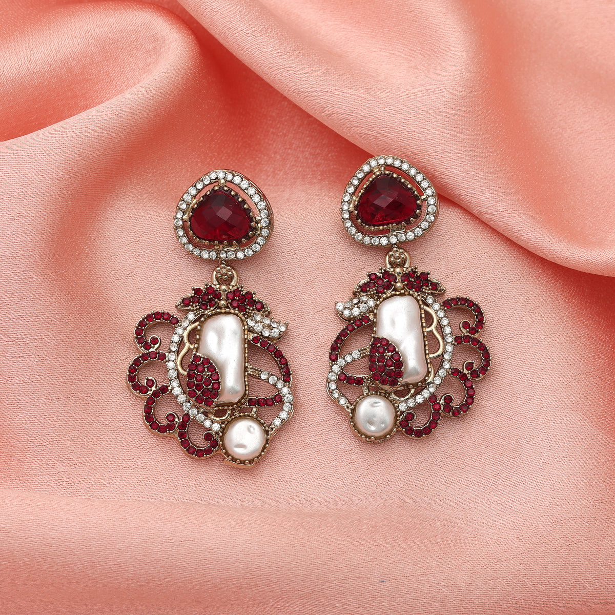 Grand Bridal Maroon Color Turkish Kundan Jhumka Earrings For Special Ceremonies