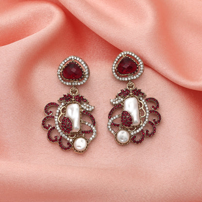 Grand Bridal Maroon Color Turkish Kundan Jhumka Earrings For Special Ceremonies