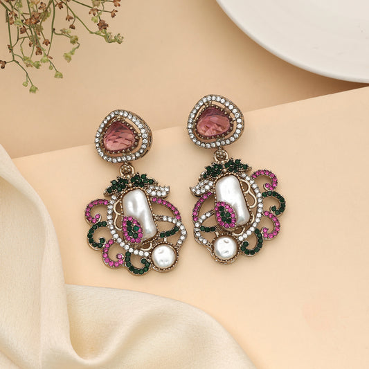 Exquisite Dual Pink & Green Color Turkish Kundan Drop Earrings For Women