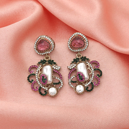 Exquisite Dual Pink & Green Color Turkish Kundan Drop Earrings For Women