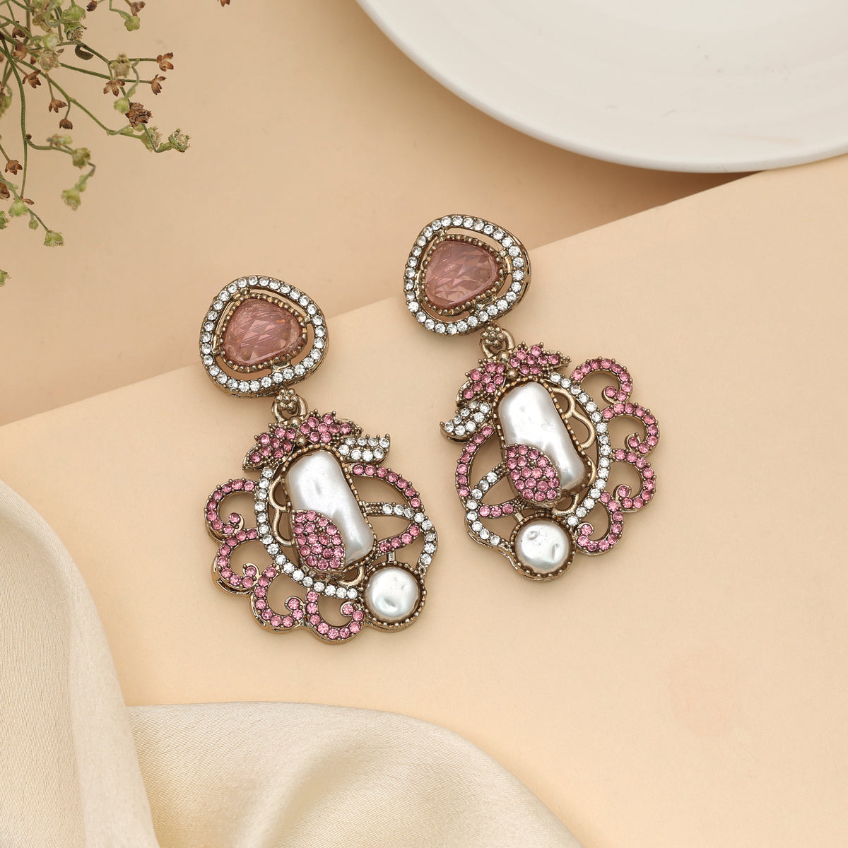Trendy Vibrant Pink Color Turkish Kundan Earrings For Girls Partywear Collection