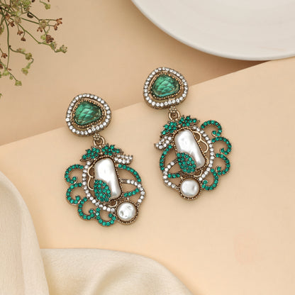 Graceful Teal Rama Green Color Turkish Kundan Statement Earrings For Females