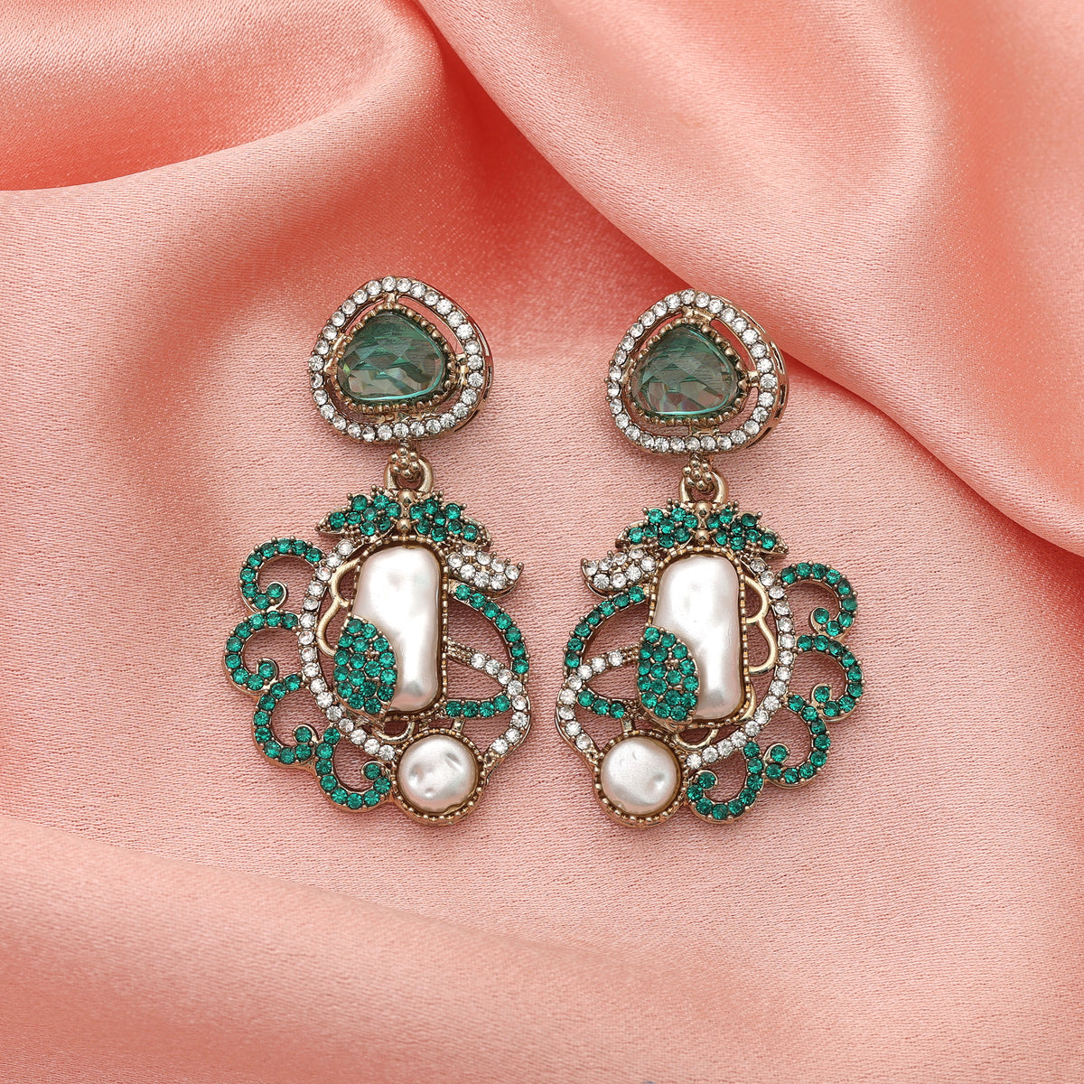 Graceful Teal Rama Green Color Turkish Kundan Statement Earrings For Females