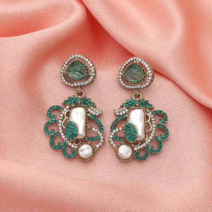 Graceful Teal Rama Green Color Turkish Kundan Statement Earrings For Females