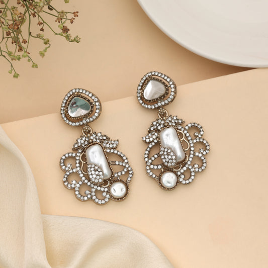 Radiant Pure White Color Turkish Kundan Chandbali Earrings For Ethnic Suit