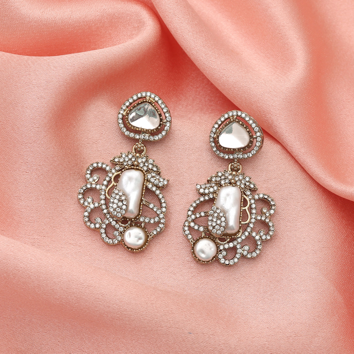 Radiant Pure White Color Turkish Kundan Chandbali Earrings For Ethnic Suit