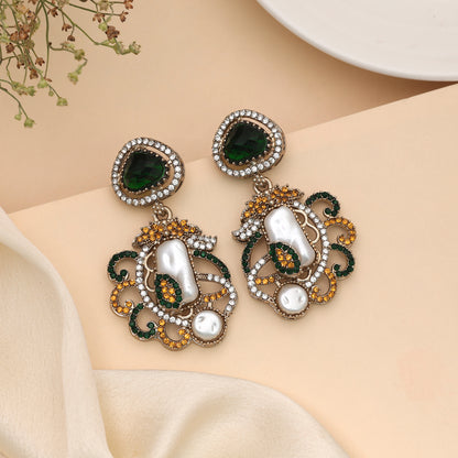 Bright Yellow & Green Color Turkish Kundan Jhumka Earrings For Ceremonies