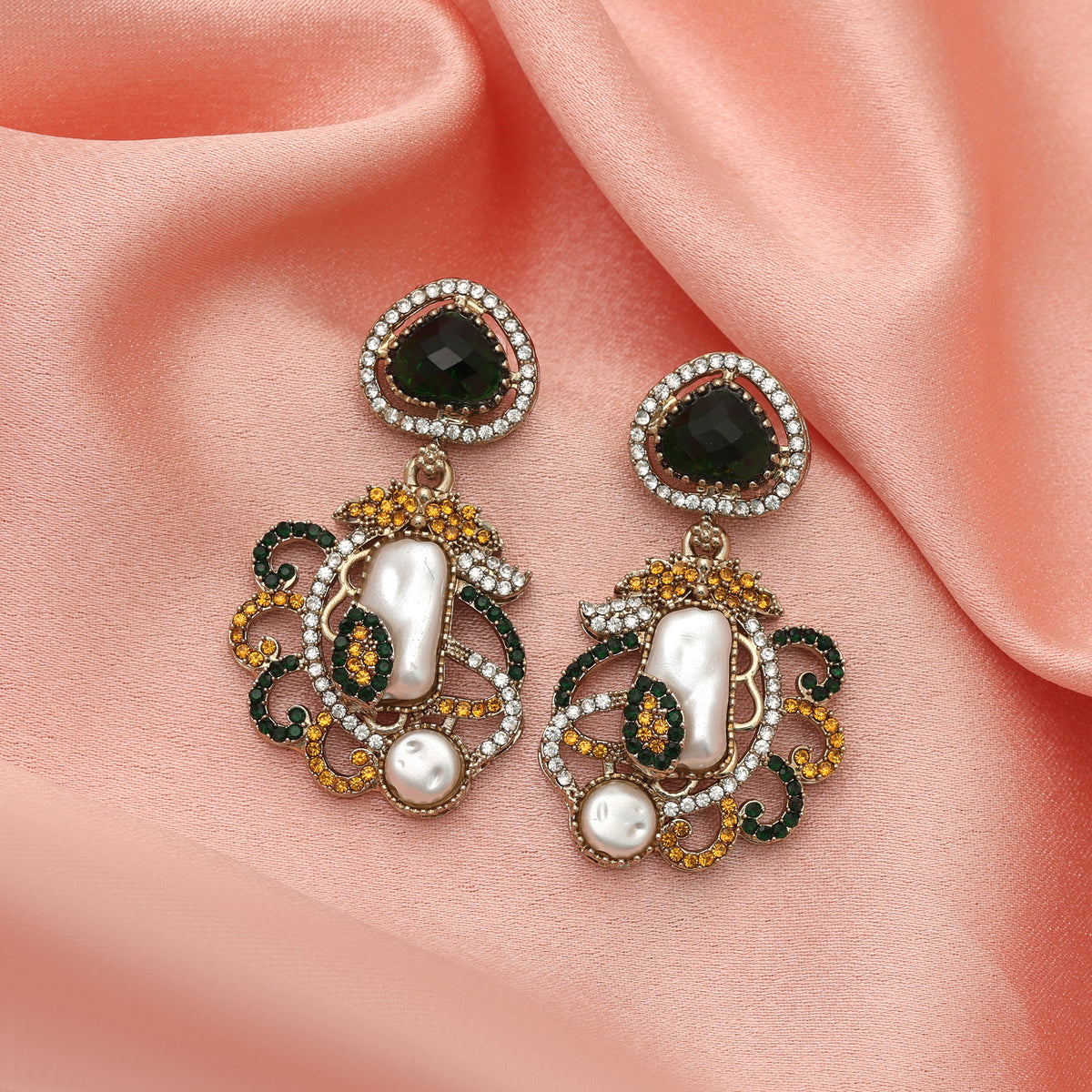 Bright Yellow & Green Color Turkish Kundan Jhumka Earrings For Ceremonies