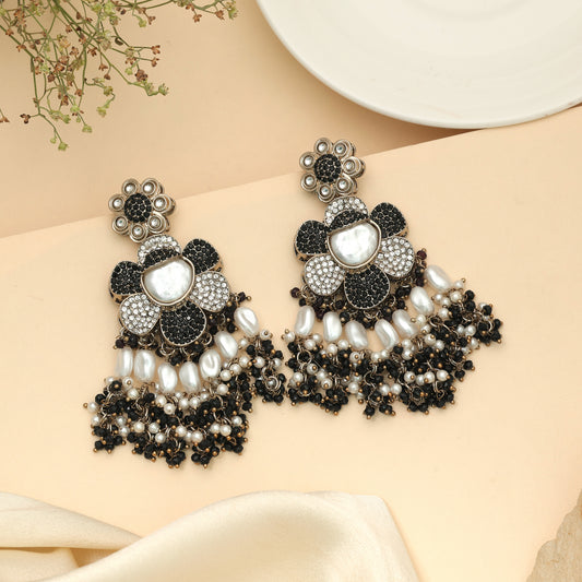 Elegant Midnight Black Color Turkish Kundan Statement Earrings For Special Occasions