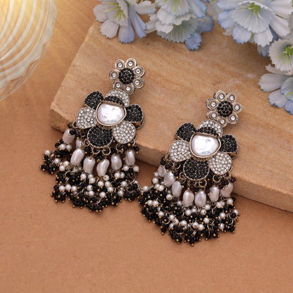 Elegant Midnight Black Color Turkish Kundan Statement Earrings For Special Occasions