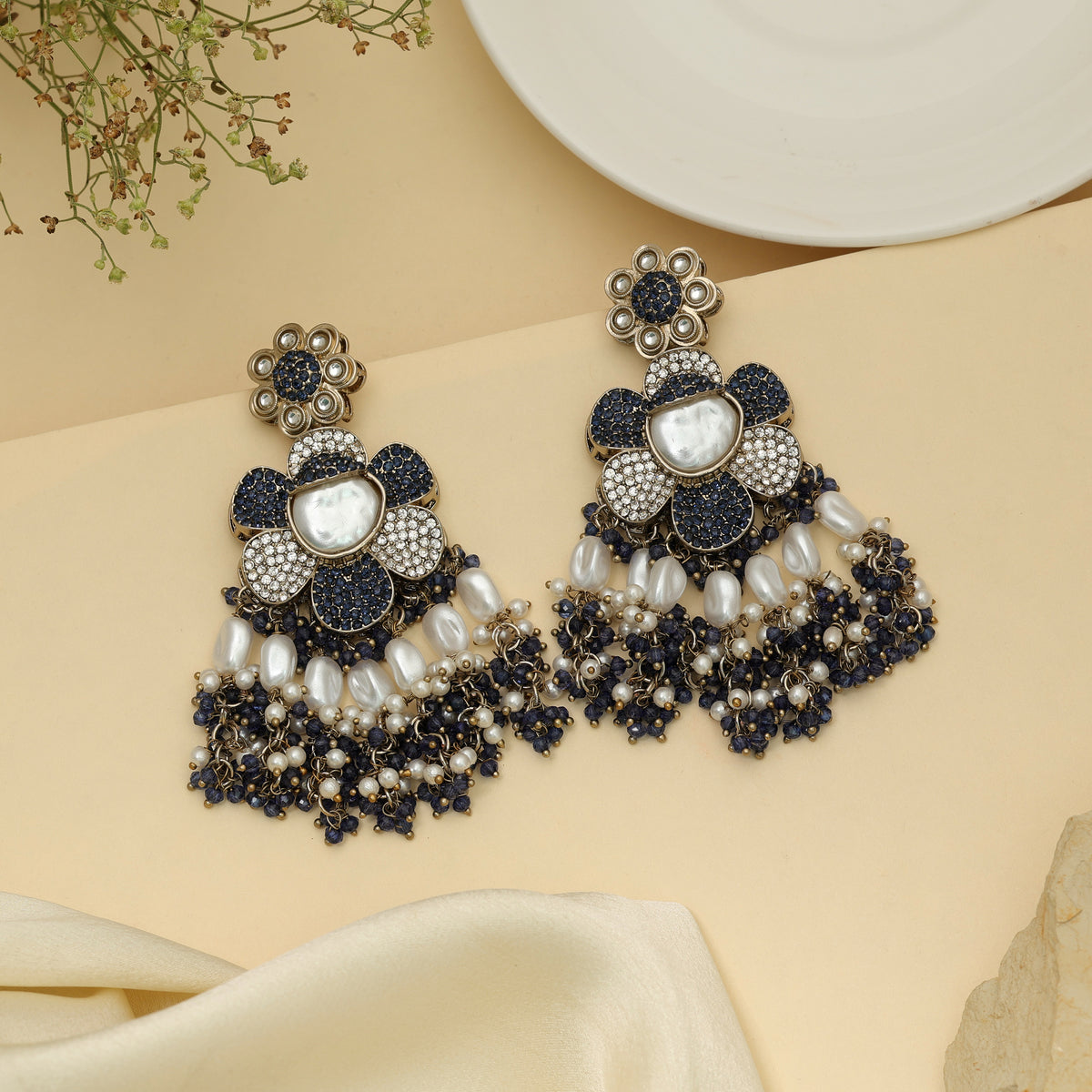 Majestic Deep Blue Color Turkish Kundan Drop Earrings For Evening Wear