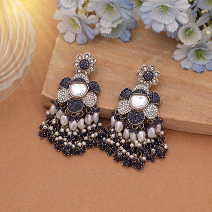 Majestic Deep Blue Color Turkish Kundan Drop Earrings For Evening Wear