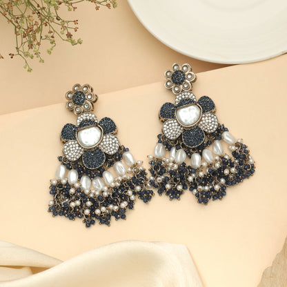 Stunning Dark Green Color Turkish Kundan Drop Earrings For Traditional Events